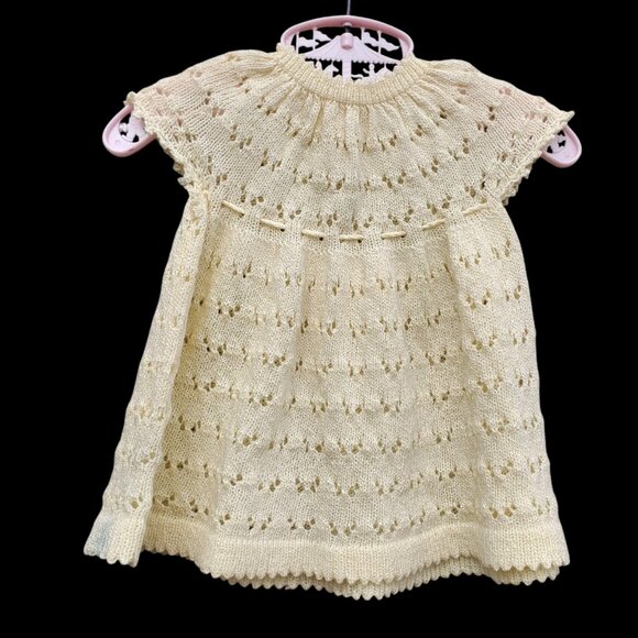 Vintage Hand Knit Baby Dress & Booties Set Off White Crochet Edges Pom Poms - Picture 6 of 10